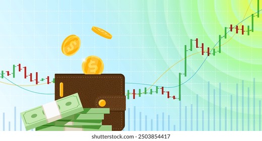 Gráfico de crecimiento de la barra de análisis técnico de operaciones del mercado de valores. Gráfico de tendencia alcista de intercambio de negocios. El crecimiento de la inversión financiera de los operadores sube el índice eps Anuncio. Ahorro de dinero e ingresos