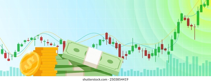 Gráfico de velas de crecimiento de la barra de análisis técnico de operaciones bursátiles. Gráfico de tendencia alcista de intercambio de negocios. El crecimiento de la inversión financiera de los operadores sube el índice eps Anuncio. Concepto de ahorro e ingresos