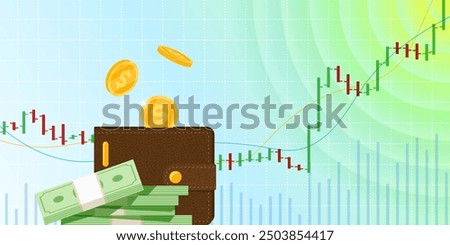 Stock market trading technical analysis bar growing chart. Business exchange bullish trend graph. Trader financial investment growth moving up index eps banner. Money savings and income