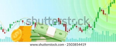 Stock market trading technical analysis bar growing candlestick chart. Business exchange bullish trend graph. Trader financial investment growth moving up index eps banner. Savings and income concept
