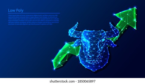 Stock market trend, bull stock with bull head and arrow stroke weight editable. Tech low poly polygonal background.