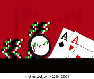 Stock market is uncertain and risky sometimes, can end up like gambling if not understood well; casino coins and cards can be seen in illustration 