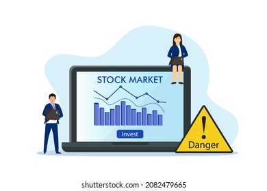 Stock market vector concept: Businesspeople looking at graph stock market while using laptop with danger warning 