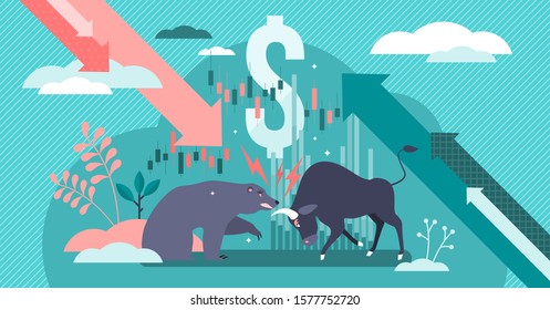 Stock Market Vector Illustration. Financial Fight In Flat Tiny Persons Concept. Symbolic Money Wrestling With Bull And Bear Opponents. Equity Share Trading And Exchange Business. Global Economy Scene.