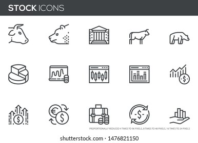 Stock market vector line icons set. Stock quotes, finance, trading, money management. Editable stroke. Perfect pixel icons, such can be scaled to 24, 48, 96 pixels.