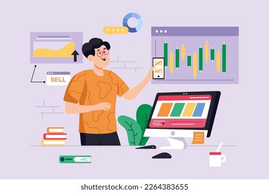 Stock market violet background concept with people scene in the flat cartoon style. Economist works on the stock market and analyzes finances. Vector illustration.