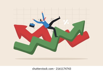 Stock market volatility. Downtrend or uptrend. Loss Crisis, investment risk. panic in stocks or cryptocurrency. Investors are harmed by trend changing arrow charts.