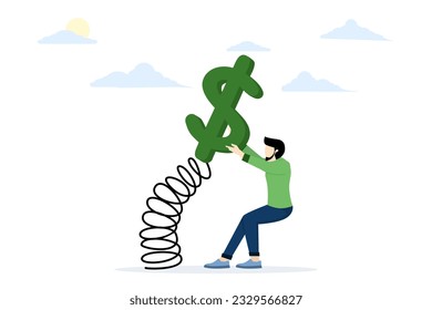 Stock market volatility and fluctuation concept, market swing by investor's greed and fear or investment risk, businessman investor trying to reach and pull dollar bound money sign with spring.