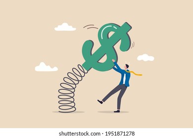 Stock market volatility and fluctuation, market swing by greed and fear of investor or financial investment risk concept, businessman investor trying to grab and pull dollar money sign tie with spring