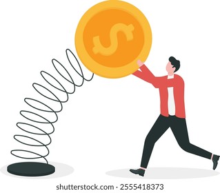 Stock market volatility and fluctuation, market swing by greed and fear of investor or financial investment risk concept, businessman investor trying to grab and pull dollar money sign tie with spring