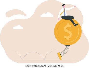 Stock market volatility and fluctuation, market swing by greed and fear of investor or financial investment risk concept, businessman investor trying to grab and pull dollar money sign tie with spring