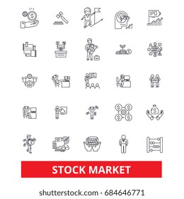 Stock market, Wall Street, exchange, investment, finance, trade, broker line icons.  Stock market outline signs set.  Broker icons with editable strokes. Trading logo