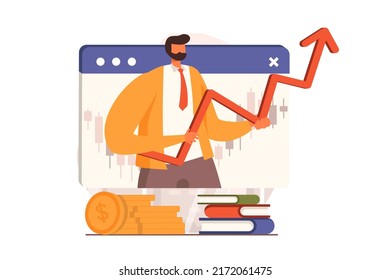 Börsenwebkonzept im flachen Design. Geschäftsmann analysiert Trends und hält Pfeil nach oben, Handel, investiert Geld, schafft Finanzstrategie, steigert den Gewinn. Vektorgrafik mit Menschen-Szene