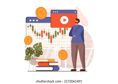 Concepto web de bolsa en diseño plano. Empresario analizando las tendencias y estadísticas financieras, negociando en subastas globales, invierte dinero y aumenta los ingresos. Ilustración vectorial con escena de personas