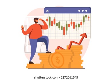 Stock market web concept in flat design. Businessman analyzing trends, global trading, invests money, creates success financial strategy and increases income. Vector illustration with people scene