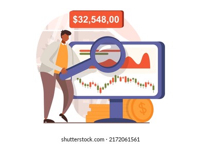 Concepto web de bolsa en diseño plano. El hombre-corredor analiza las tendencias y el mercado de investigación, crea estrategias, contabilidad, invierte dinero y aumenta las ganancias. Ilustración vectorial con escena de personas