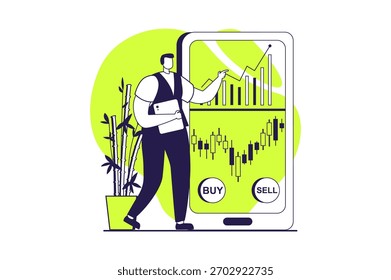Stock market web concept with flat people for website design. Man trading and investing money in mobile app, analyzing data with bar charts, creating success strategy and earning. Vector illustration.