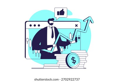 Concepto de Web del mercado de valores con personas planas para el diseño del Sitio web. Hombre operando e invirtiendo dinero, analizando tendencias en línea, creando estrategias de éxito para comprar y vender, obteniendo ganancias. Ilustración vectorial.