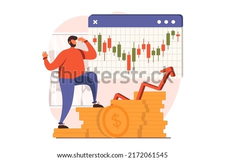 Stock market web concept in flat design. Businessman analyzing trends, global trading, invests money, creates success financial strategy and increases income. Vector illustration with people scene