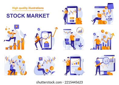 Stock market web concept with people scenes set in flat style. Bundle of analyzing market data, stock trading, buying and selling bonds, financial investment. Vector illustration with character design