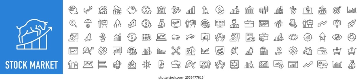 Stock Market web icons in line style. Investment, finance, table, bear, bull, stock exchange, profits, trading, growth ,collection. Vector illustration.