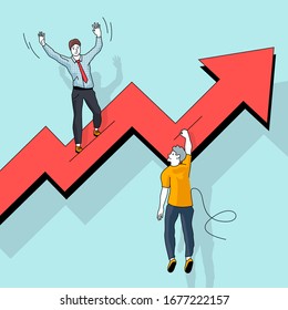 Stock market winners and losers. One man riding high on stocks while another is just about hangin on. People vector illustration.