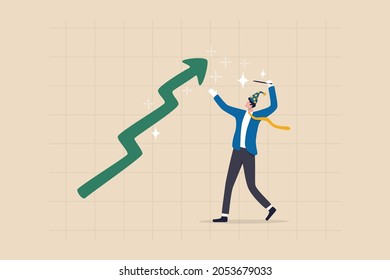 Stock market wizard, expertise trader make profit from crypto or bitcoin, using magic to get rich like miracle concept, businessman investment wizard using magic wand to make stock price rising up. svg