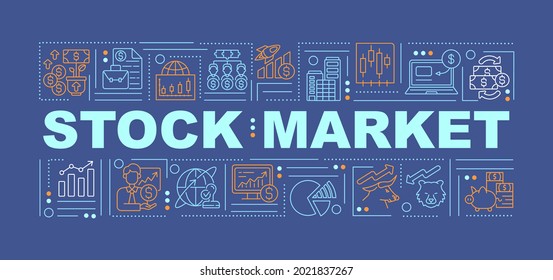 Stock market word concepts banner. Long term money investment advices. Infographics with linear icons on navy background. Isolated typography. Vector outline RGB color illustration