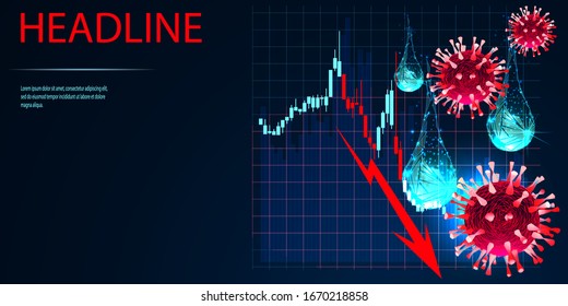 Stock Markets Plunge From COVID-19 Virus Fear And Lower Oil Prices. World Investment Price Fall Down Or Collapse From Outbreak Of Coronavirus And Oil War. Low Poly Wireframe Style. Vector