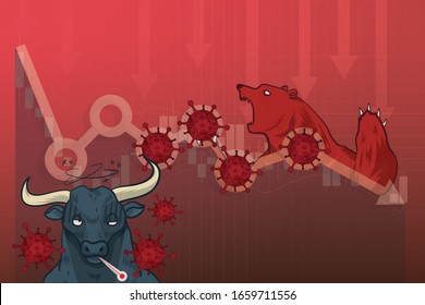 Los mercados bursátiles se desploman del nuevo miedo al virus COVID-19, la caída de los precios de la inversión mundial o el colapso de la aparición del Coronavirus, el gráfico del mercado de valores y la caída de los precios de las acciones de los gráficos por patógenos de virus 