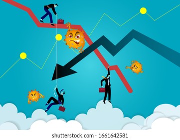 Stock Markets plunge from novel COVID-19 virus fear. world investment price fall down or collapse from outbreak of Corona virus.  Chart Falling businessman and falling down arrow. Crisis graphic.