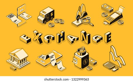 Stock And Money Exchange Line Art, Isometric Vector Banner. Digital Payments And Mobile Banking Technologies, Online Shopping, Financial Institution, Business Infographics Illustrations Collection