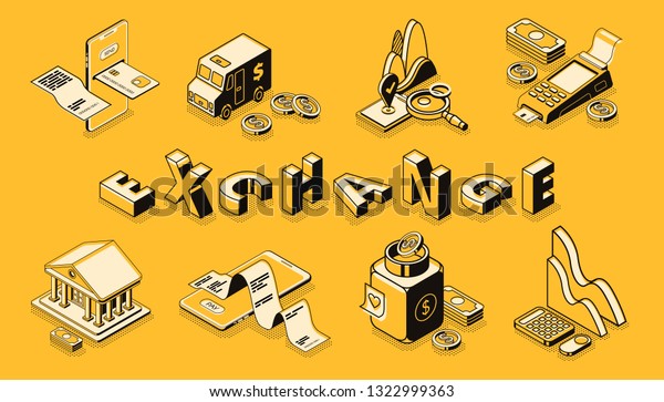 Stock and money exchange line art, isometric\
vector banner. Digital payments and mobile banking technologies,\
online shopping, financial institution, business infographics\
illustrations collection