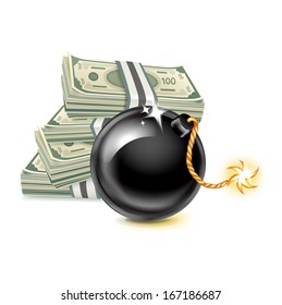 stock of money and exploding bomb isolated on white