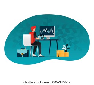 stock monitoring illustration. financial managers work above decks from a hindsight perspective. for website, web, poster