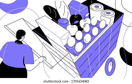 Stock up on goods - flat design style illustration. Coronavirus protective measure, recommendation to buy products to stay at home. A colorful composition with a boy purchasing products in the store