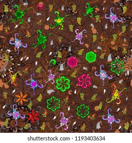 - stock. Pattern brown, black and green on colors. Abstract doodles pattern. Vector sketch. It can be used on mug prints, baby apparels, wallpaper, wrapping boxes etc. Seamless Cute fabric pattern.