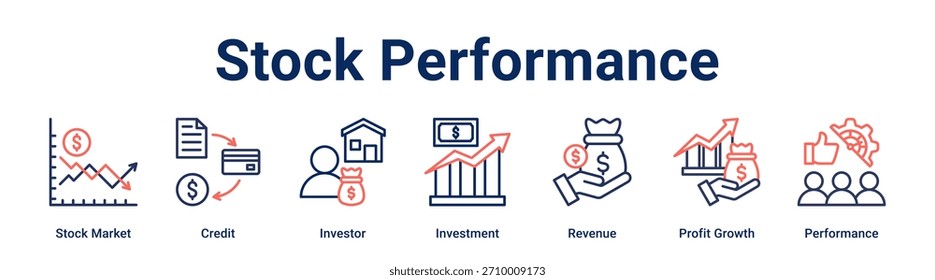 Anuncio Concepto de Ilustración vectorial de ícono de Web de rendimiento bursátil para negocios con ícono de mercado bursátil, crédito, inversor, inversión, ingresos, crecimiento de ganancias.