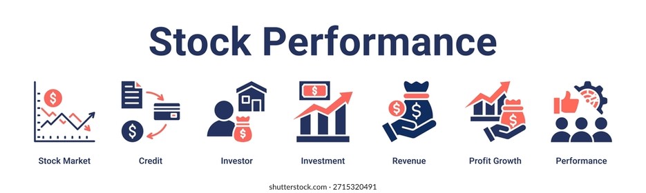 Anuncio Concepto de Ilustración vectorial de ícono de Web de rendimiento bursátil para negocios con ícono de mercado bursátil, crédito, inversor, inversión, ingresos, crecimiento de ganancias.