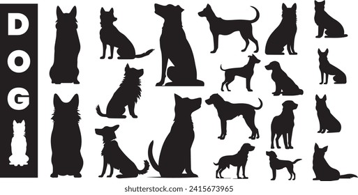 A stock photo featuring a set of black silhouette dogs in various poses on a white background
