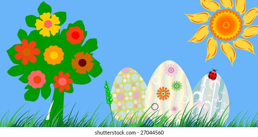 Stock photo: an image of a tree and three easter eggs