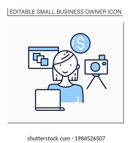 Stock photographer line icon. Woman takes photos for stock agencies. Sell works for clients. Small business owner concept. Isolated vector illustration. Editable stroke
