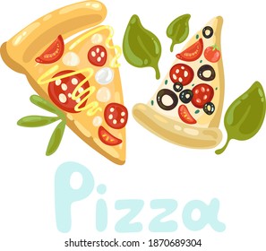 Stock pizza cut into pieces. Fast food theme. Cute cartoon triangle pizza slices. Slice of pepperoni pizza with melted sause, mozzarella cheese, basil leaves, salami, olives, tomatoes and sausage.