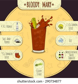 Stock popular alcoholic cocktail Bloody Mary with a detailed recipe and ingredients in a series of world best cocktails