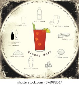 Stock popular alcoholic cocktail Bloody Mary with a detailed recipe and ingredients in a series of world best cocktails