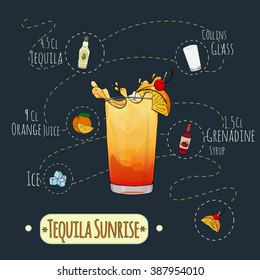 Stock popular alcoholic cocktail Tequila sunrise with a detailed recipe and ingredients in a series of world best cocktails