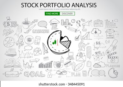 Stock Portfolio Analysis Concept With Doodle Design Style :following Trends, Money Management, Investment Diversification. Modern Style Illustration For Web Banners, Brochure And Flyers.