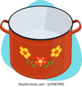 Stock pot with flower ornament and handles. Isolated. On blue background.