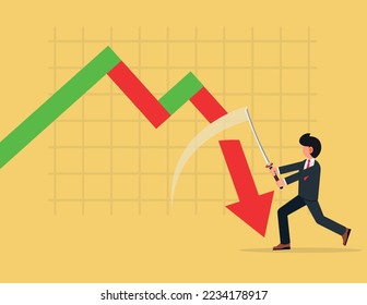 Stock price declining, Businessmen sell falling stocks in order to minimize the impact. Businessman cutting an arrow with a sword