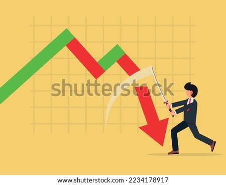Stock price declining, Businessmen sell falling stocks in order to minimize the impact. Businessman cutting an arrow with a sword